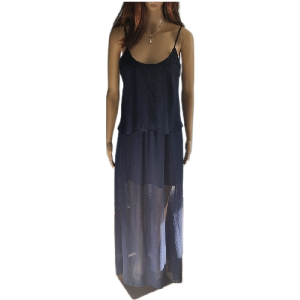 Millibon Navy Blue Sheer  Chiffon Maxi with mini liner Dress Sz S